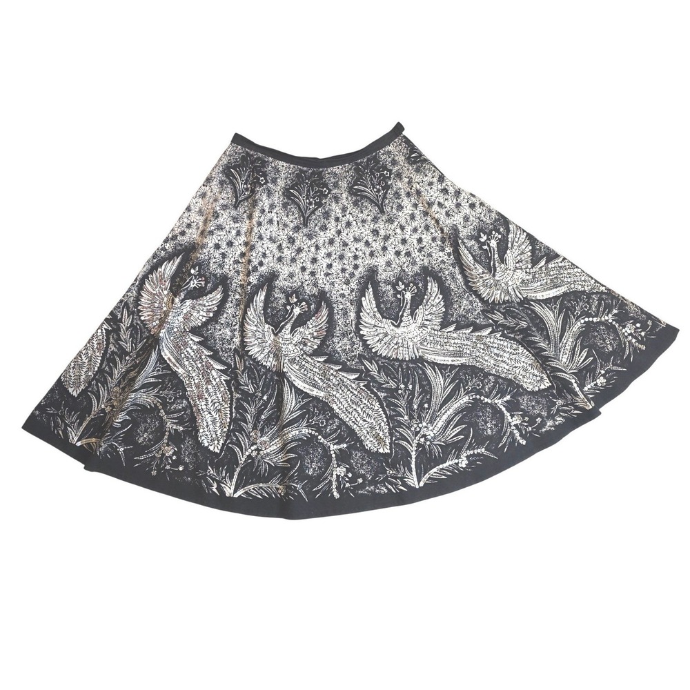Zashi Black White Embellished Boho Peacock Batik Cotton Midi Skirt Womens Sz M